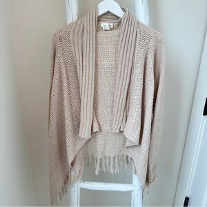 RD Style Cream Ribbed Knit Open Front Cardigan Sweater with Fringe Bottom